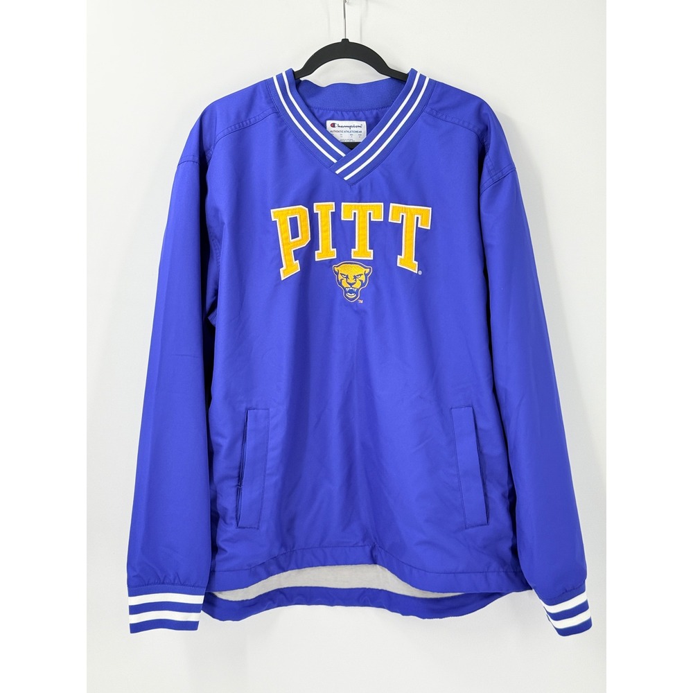 Champion Pitt Panthers Pullover Windbreaker Mens Large Blue V-Neck Long Sleeve